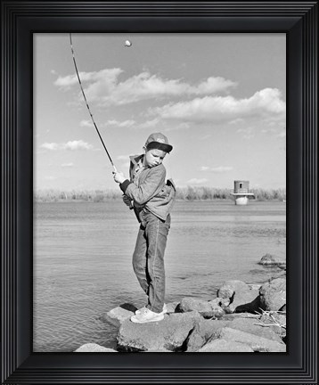 Framed 1980s Boy Fishing On Riverbank Print