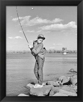 Framed 1980s Boy Fishing On Riverbank Print