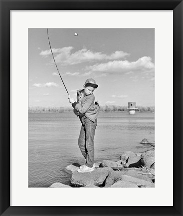 Framed 1980s Boy Fishing On Riverbank Print