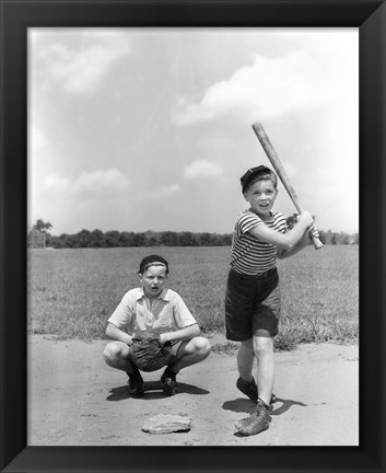 Framed 1930s Two Boys Batter And Catcher Playing Baseball Print