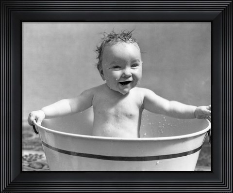 Framed 1920s 1930s Wet Baby Girl Sitting In Metal Wash Tub Print