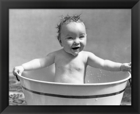 Framed 1920s 1930s Wet Baby Girl Sitting In Metal Wash Tub Print