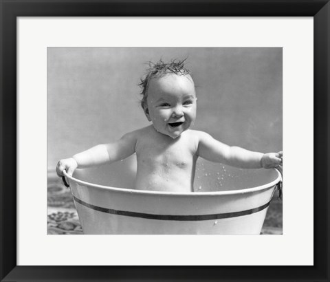 Framed 1920s 1930s Wet Baby Girl Sitting In Metal Wash Tub Print