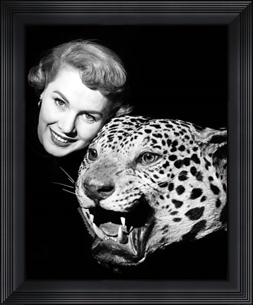 Framed 1950s Woman Face Posed With Growling Stuffed Leopard Head Print