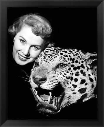 Framed 1950s Woman Face Posed With Growling Stuffed Leopard Head Print