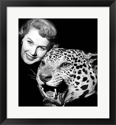 Framed 1950s Woman Face Posed With Growling Stuffed Leopard Head Print