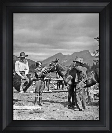 Framed 1930s Cowboys &amp; A Woman Grooming A Horse Print