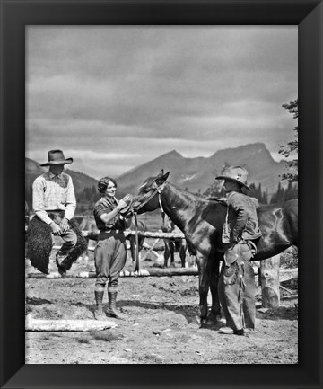 Framed 1930s Cowboys &amp; A Woman Grooming A Horse Print