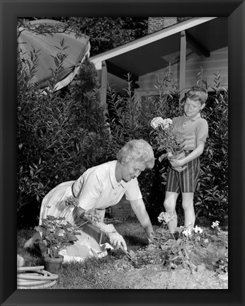 Framed 1960s Boy Helping Grandmother Plant Flowers Print