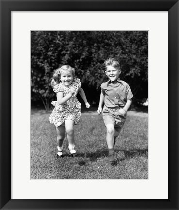 Framed 1930s 1940s Boy And Girl Running In Backyard Print