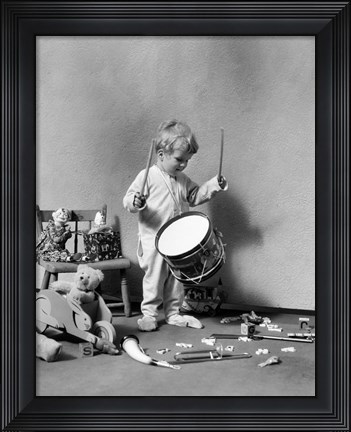 Framed 1930s Boy Beating On Toy Drum Print
