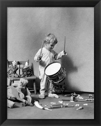 Framed 1930s Boy Beating On Toy Drum Print