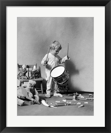 Framed 1930s Boy Beating On Toy Drum Print