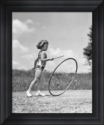 Framed 1930s Girl Outdoors Playing Hoop And Stick Game Print