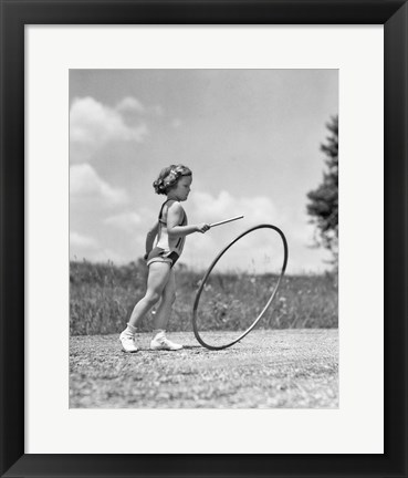 Framed 1930s Girl Outdoors Playing Hoop And Stick Game Print