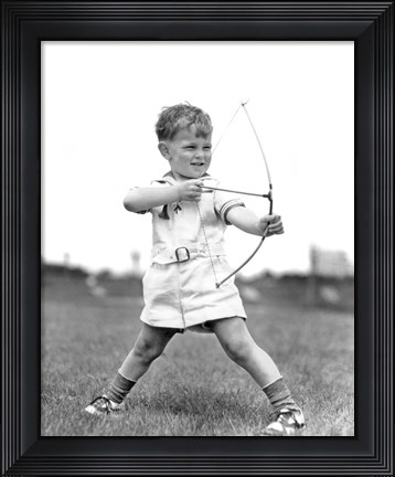 Framed 1930s Boy Outdoors Aiming Toy Bow And Arrow Archery Print