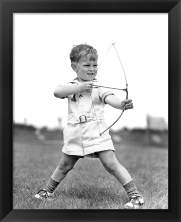 Framed 1930s Boy Outdoors Aiming Toy Bow And Arrow Archery Print