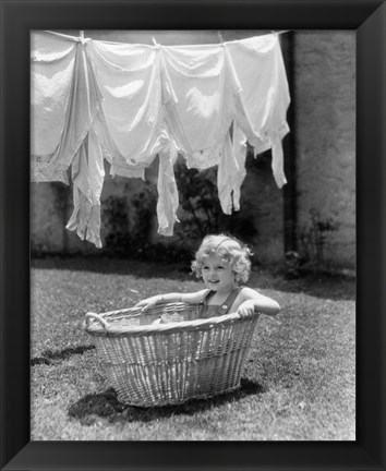 Framed 1930s 1940s Girl Outdoors Sitting In Laundry Basket Print