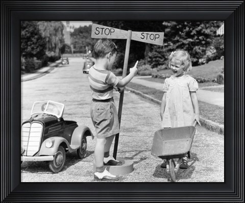 Framed 1930s 1940s Boy Playing Traffic Cop Print