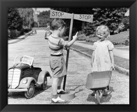 Framed 1930s 1940s Boy Playing Traffic Cop Print