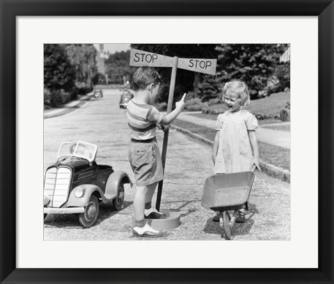 Framed 1930s 1940s Boy Playing Traffic Cop Print