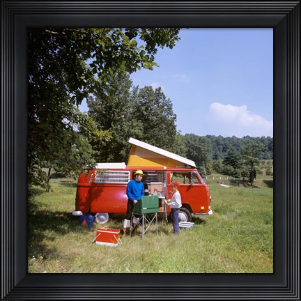 Framed 1970s Father And Son Cooking At Campsite Print