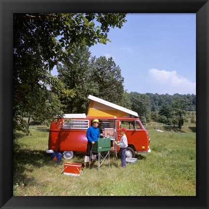 Framed 1970s Father And Son Cooking At Campsite Print