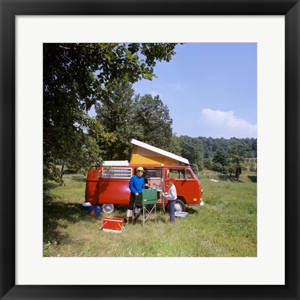 Framed 1970s Father And Son Cooking At Campsite Print