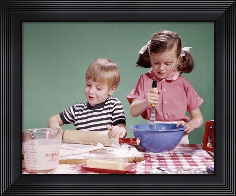 Framed 1960s  Boy And Girl Mixing Ingredients For Cookies Print