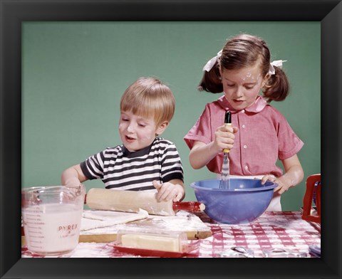 Framed 1960s  Boy And Girl Mixing Ingredients For Cookies Print