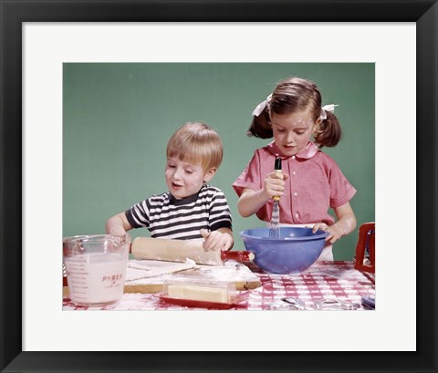 Framed 1960s  Boy And Girl Mixing Ingredients For Cookies Print