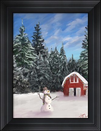 Framed Snowman and Red Barn Print