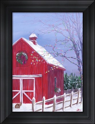 Framed Red Barn in Snow Print
