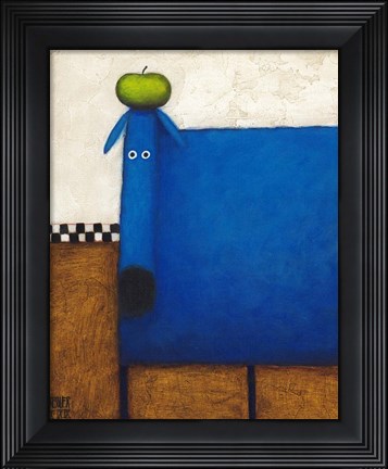 Framed Blue Dog With Apple Print