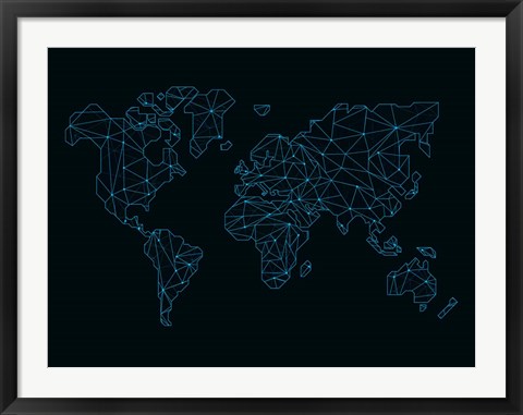 Framed World Map Blue Wire Print