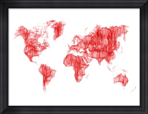 Framed World Map Red Drawing Print