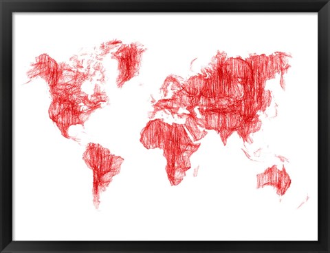 Framed World Map Red Drawing Print