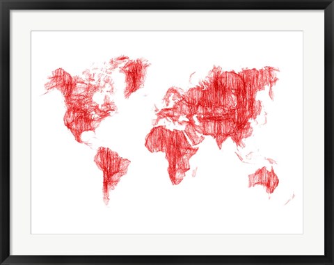 Framed World Map Red Drawing Print