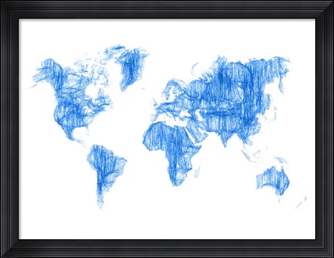 Framed World Map Blue Drawing Print
