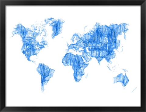 Framed World Map Blue Drawing Print