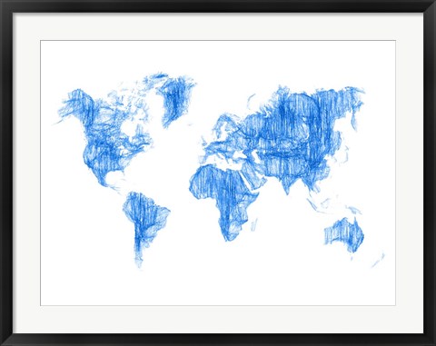 Framed World Map Blue Drawing Print