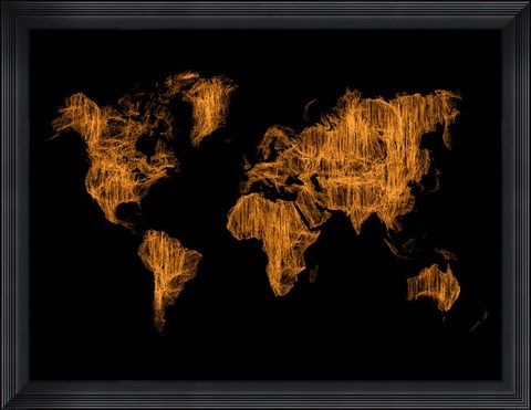Framed World Map Orange Drawing Print