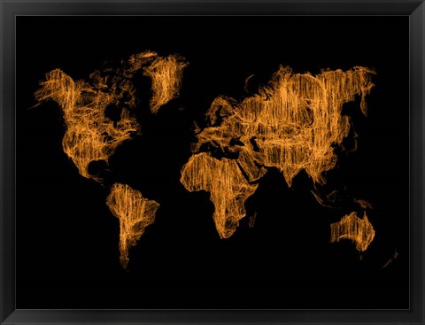 Framed World Map Orange Drawing Print