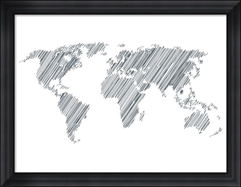 Framed Pencile Scribble World Map 1 Print