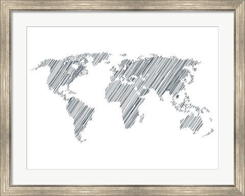 Framed Pencile Scribble World Map 1 Print