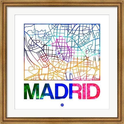 Framed Madrid Watercolor Street Map Print