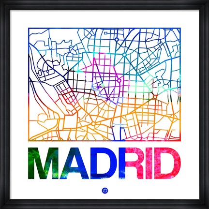 Framed Madrid Watercolor Street Map Print