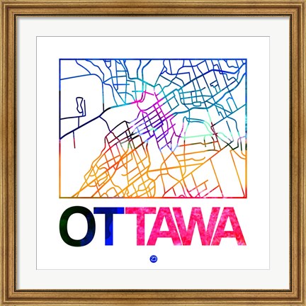 Framed Ottawa Watercolor Street Map Print