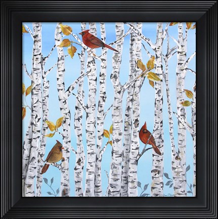 Framed Cardinals Among The Birch  -  B Print