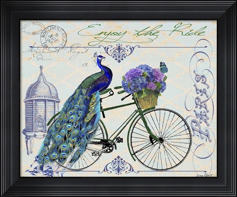 Framed Peacock On Bicylce I Print